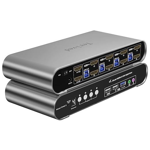 Terived 4 Computers 2 Monitors USB 3.0 HDMI KVM Switch 4K@60Hz with Hotkey Switching, Automatic Switching 4 Port Dual Monitor, Aluminum, Digital Display, USB 3.0 Audio/Mic, EDID, HDR10 with Cables