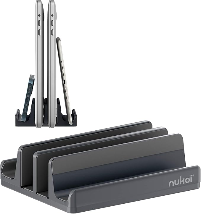 Nukoi Vertical Laptop Stand - SPACEMax Adjustable GRIPLock Anti-Tip Silicone 4 Slots Aluminum Desktop Holder - Double Dock Stand - 2 Phone Slots Fits Up to 17.3” Laptops, Tablets