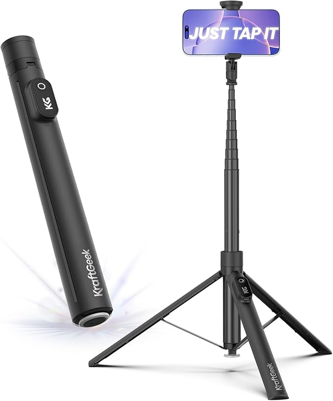 KraftGeek JustTap Phone Tripod for iPhone, Auto-Open Selfie Stick Tripod