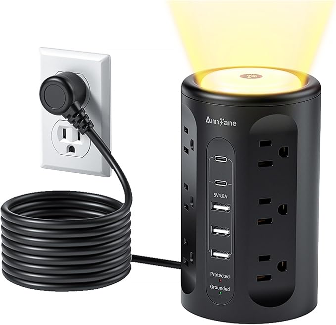 Power Strip Tower with Night Light, Power Strip with USB Ports, 10 FT Extension Cord with Multiple Outlets (12AC+3A+2C) for Home Office Desk College Dorm Room Supplies