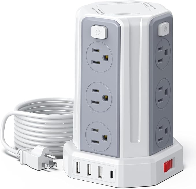 Power Strip 16.4 Ft Extension Cord with 12 AC Multiple Outlets 4 USB (1 USB C), SMALLRT Power Strip Tower Desktop Charging Station for Home Office College Dorm Essentials