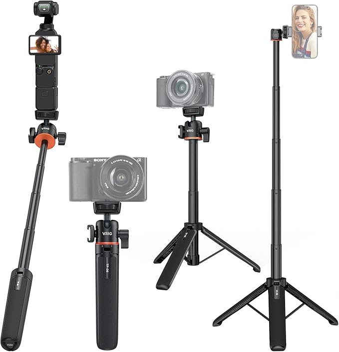 VRIG TP16 Camera Tripod, 55" Extendable Phone Selfie Stick Camera Tripod Stand with 2 in 1 Phone Clip, 5 Levels Adjustment 360° Ball Head Loads Up for DJI OSMO Pocket 4/3 Insta360 X5 iPhone Sony Canon