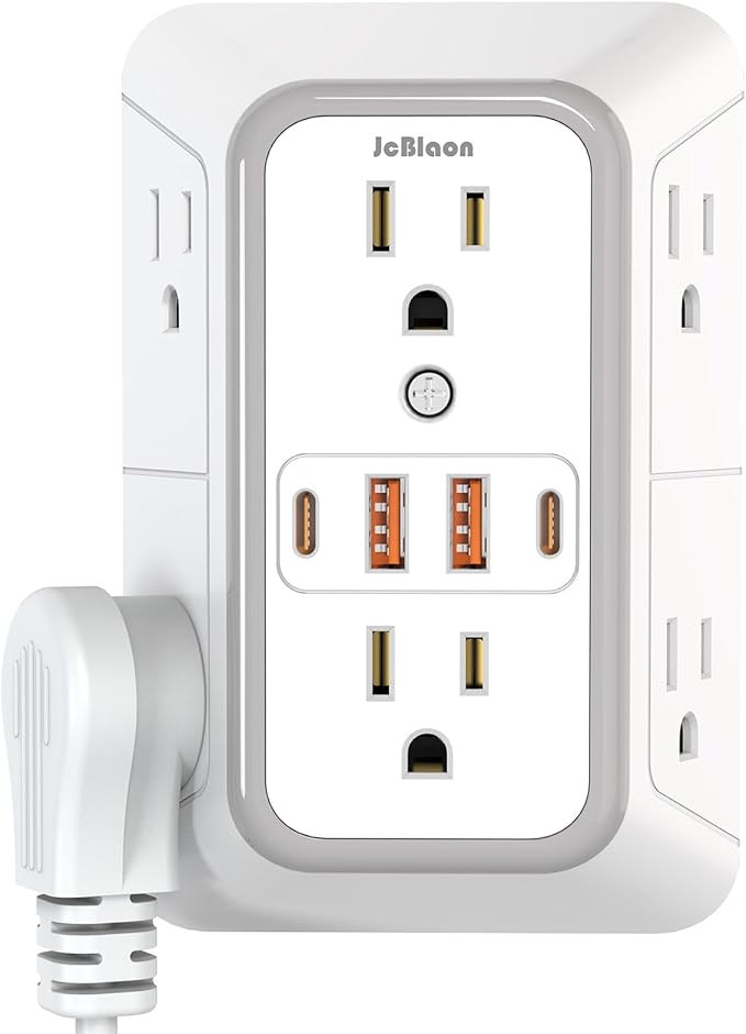 USB Wall Charger Outlet Extender Surge Protector with 4 USB Ports (2 USB C) Plug Extension Multiple Outlets Plug in Adapter Spaced Outlets for Home Office Travel,White ETL (White)-ETL