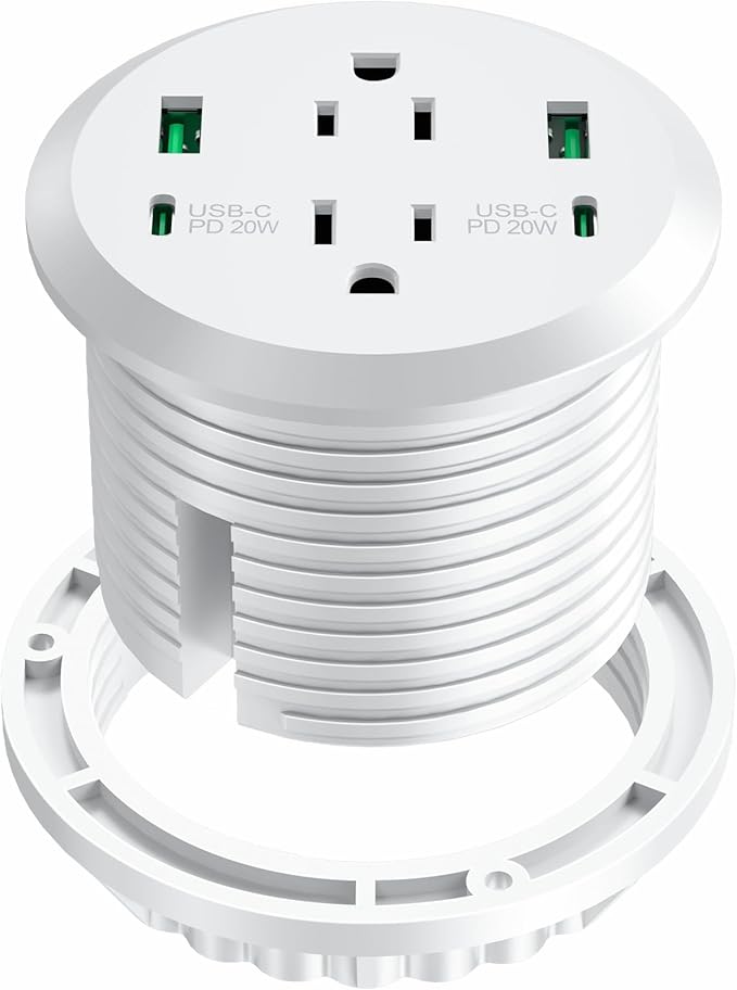3 inch Desktop Power Grommet USB C,40W Fast Charging Station,Furniture Recessed Power Strip,2 Outlets,4 USB Ports,Flush-Mount for Desktop, Workspace Essential Desk Outlet
