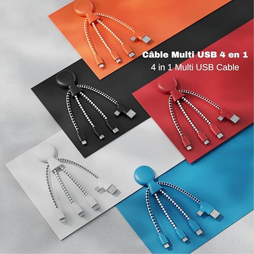 Multi USB Cable 4 in 1 - Universal Charger Made from Recycled Plastic - USB, USB-C, Lighting, Micro USB Ports - Compatible with All Smartphones Mr Bio RED Octopus