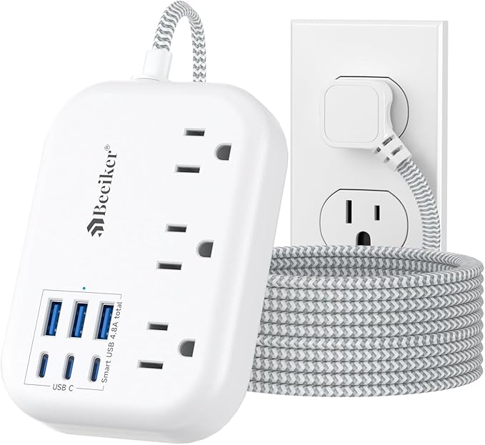 Beeiker Short Extension Cord 2 Foot Travel Power Strip 6 USB 3 Outlets