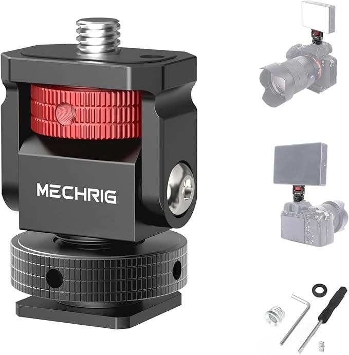Mechrig Mini Camera Monitor Mount with Cold Shoe, Aluminum Field Monitor Mount with 1/4″ Screw for LED Light Mic Cage, Cold Shoe Adapter 360° Swivel & 180° Tilt Damping (with Knob 63142)
