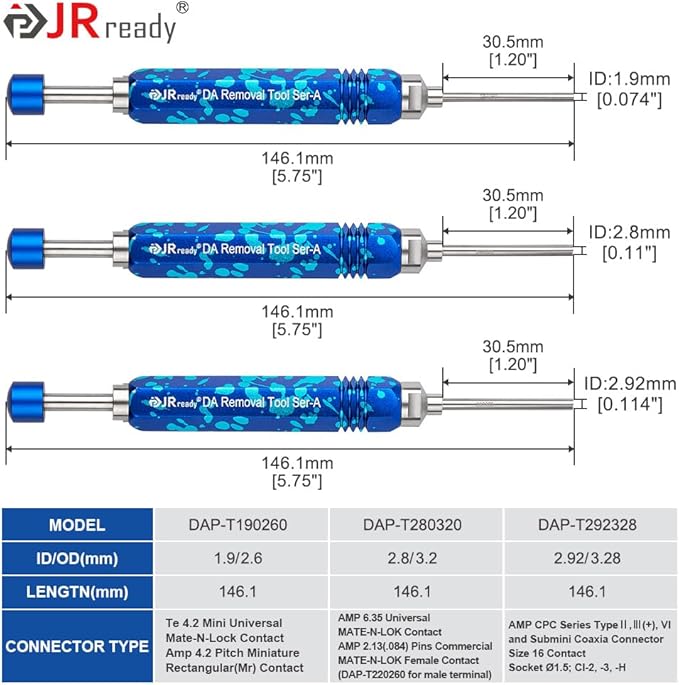 JRready ST5289 Tube Type Ejector Rod Contact Pin Extraction Tool for Molex .062" & .093”/HARTING/TE Heavy Duty/Weather Pack/AMP 4.2/6.35/2.13/CPC/RT360 Contacts, Terminal Insertion Toolsl, 9PCS