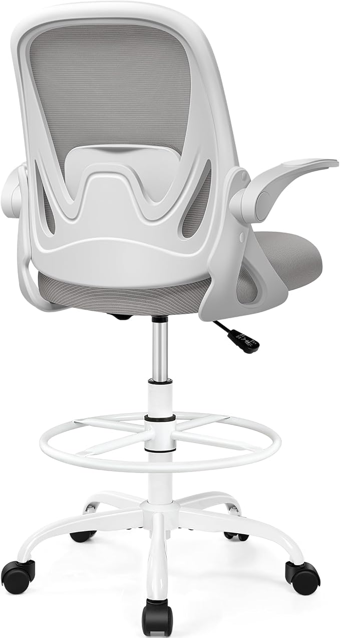 Drafting Chair Tall Office Chair with Flip-up Armrests, Adjustable Height, and Enhanced Lumbar Support - Ergonomic Rolling Stool, Back Support, and Adjustable Foot Rest Ring Light Blue