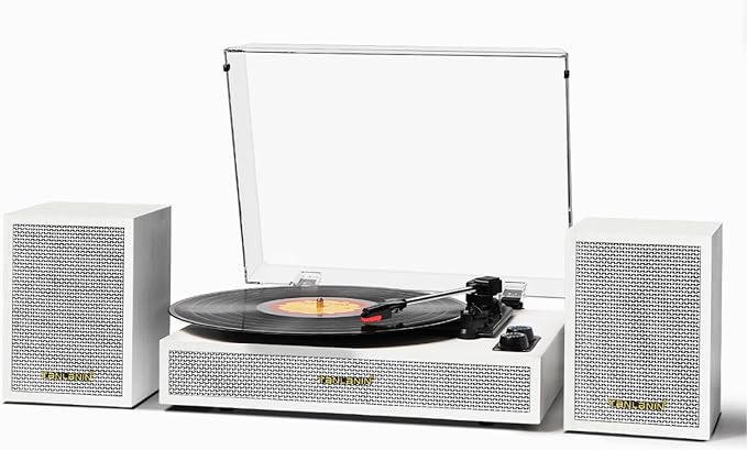 Vinyl Record Player with External Speakers, 3 Speed Vintage Stereo Turntable for Vinyl Records, Bluetooth Input, Auto Stop & Belt Driven System, RCA Out and Aux in - Brown