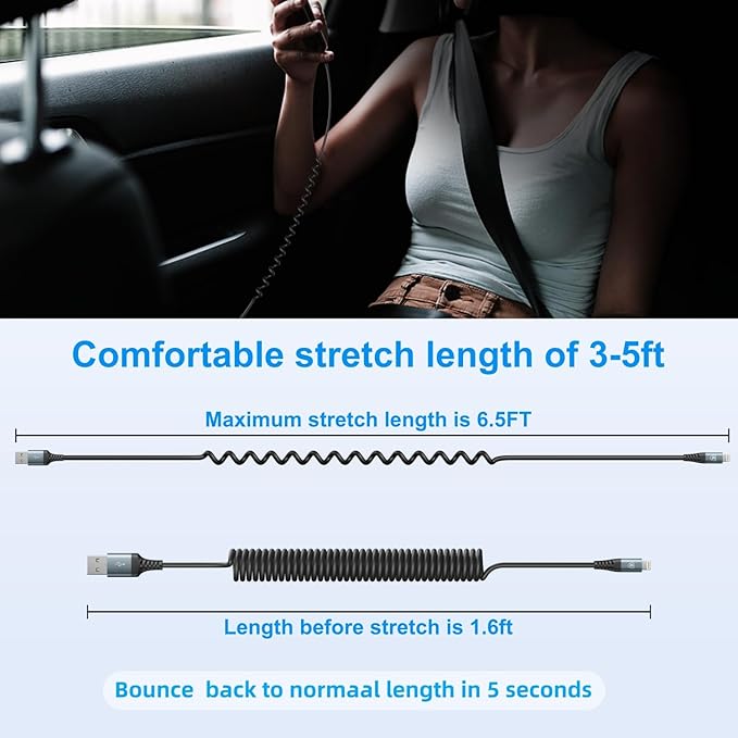 iPhone Charger Cable 6FT for Car, Coiled Lightning Cable 2 Pack - Black