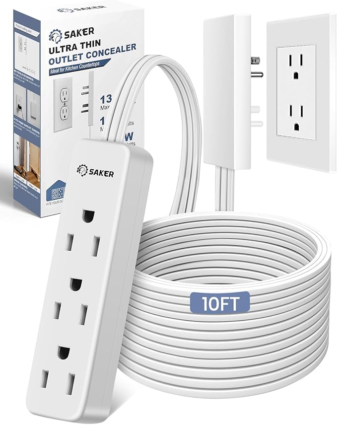 Saker Dual 10ft Flat Extension Cord Outlet Cover, 3 Outlets, White