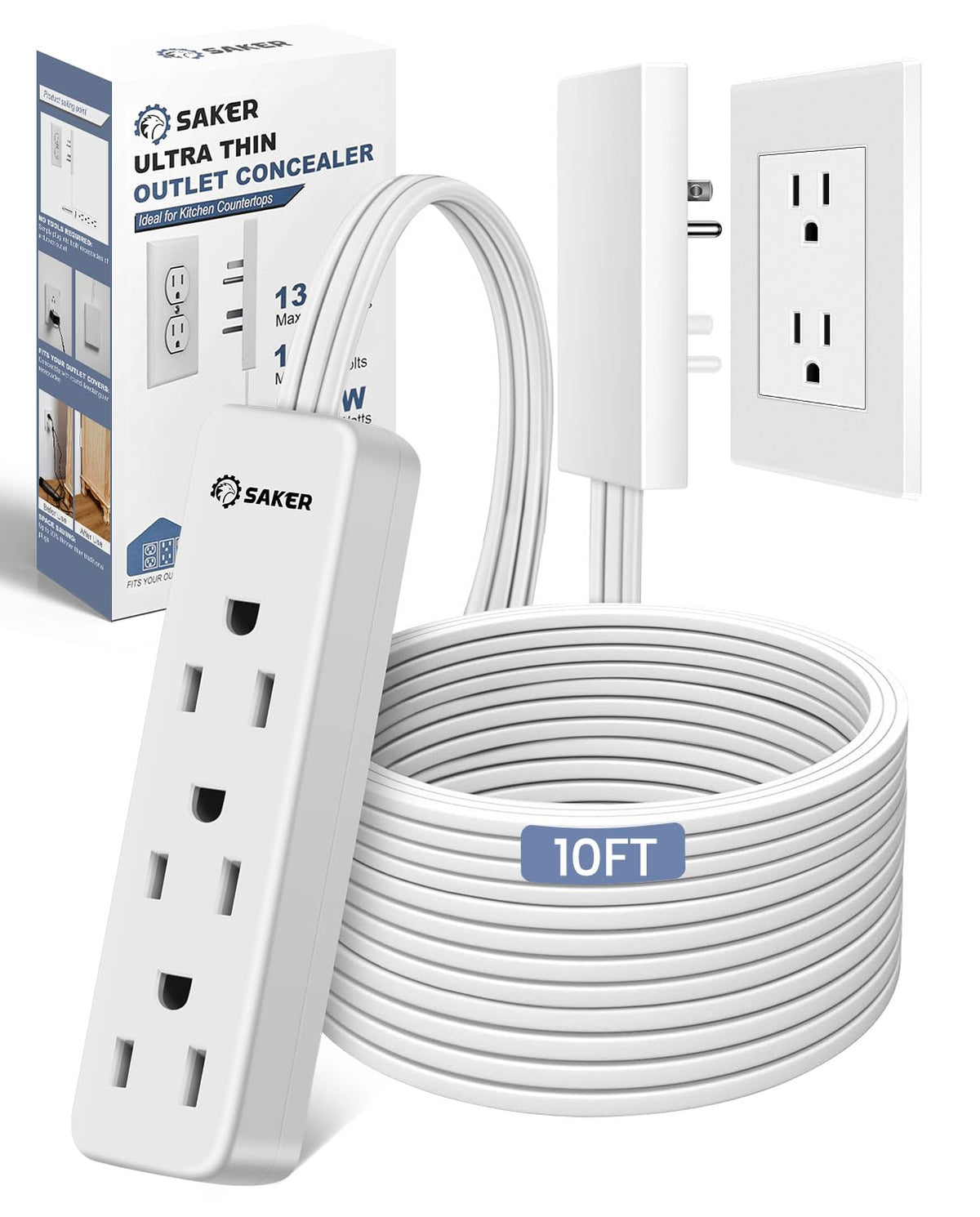 Saker Dual 10ft Flat Extension Cord Outlet Cover, 3 Outlets, White