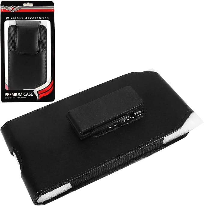 Leather Cell Phone Holster for Cricket Debut, Icon, AT&T Radiant Core, Calypso 2, Moto E6, G7 Play, Alcatel Onyx, REVVLRY REVVL2 - Vertical Case Waist Carrying Pouch with Belt Clip/Loops, Black