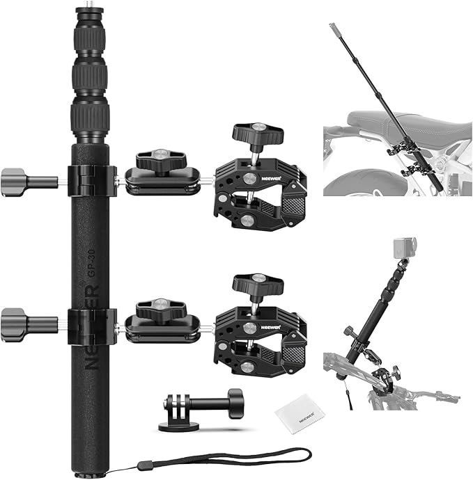 NEEWER Motorcycle Camera Mount Kit, Bicycle Handlebar Invisible Selfie Stick with Dual Ball Heads, Super Clamps, Action Camera Adapter Compatible with GoPro Insta360 DJI AKASO Action Cameras