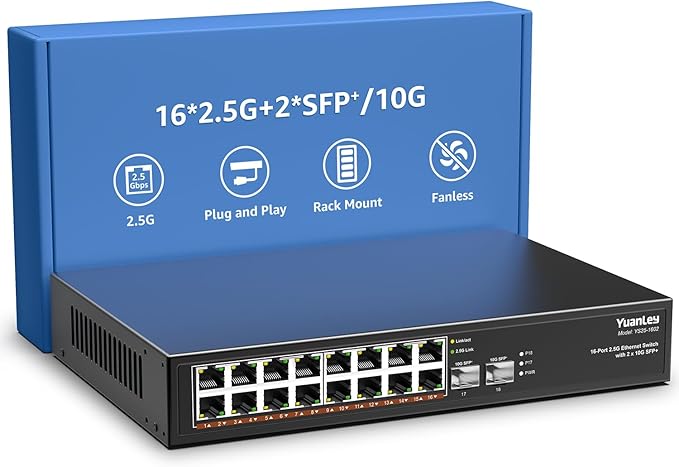 YuanLey 8-Port 10G Ethernet Switch, 8 x 10Gbps RJ45 Ports, Support 10G/5G/2.5G/1G/100Mbps Speed Auto-Negotiation, 160Gbps Switching Capacity, Unmanaged Switch Rackmountable, Plug and Play