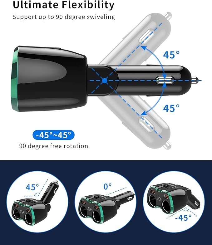 SUPERONE 180W 2-Socket Cigarette Lighter Splitter with QC3.0 & 20W PD USB C
