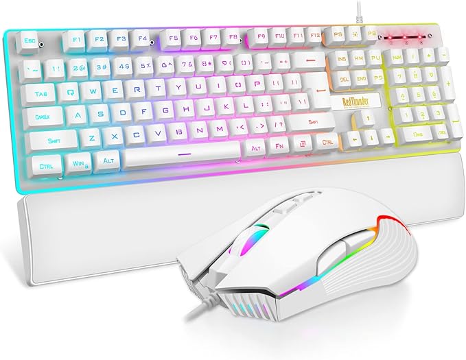 RedThunder K10 Wired Gaming Keyboard and Mouse and Wrist Rest Combo, RGB Backlit, Mechanical Feel Anti-ghosting Keyboard + 7D 7200 DPI Mice+Soft Leather Wrist Rest 3 in 1 PC Gamer Accessories(Pink)