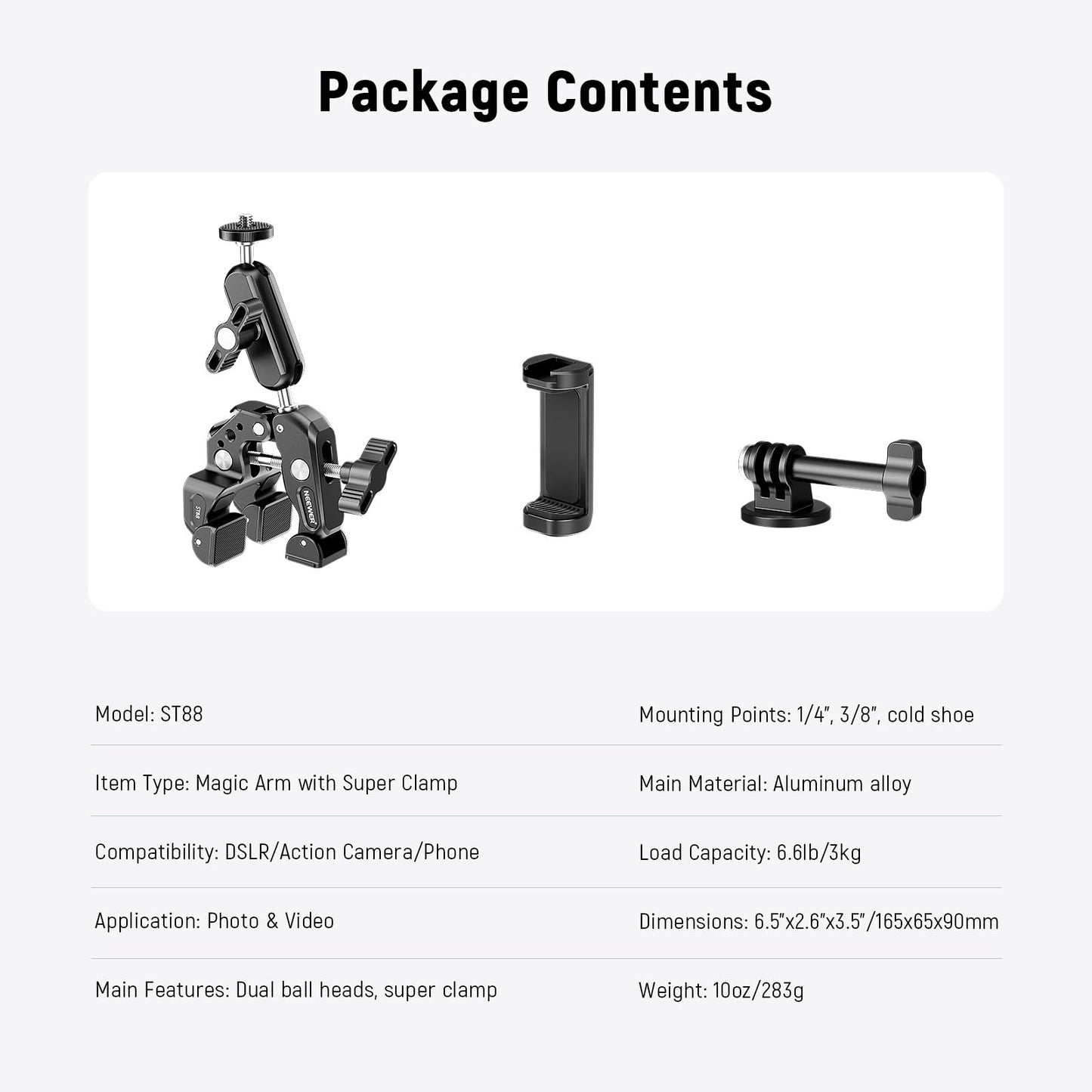 NEEWER Super Clamp with 3" Dual Ballhead Magic Arm, Camera Phone Clamp Mount with 1/4" 3/8" Threads, Cold Shoe, Phone Holder, Action Camera Adapter Compatible with GoPro DJI iPhone 16 15 Pro Max, ST88