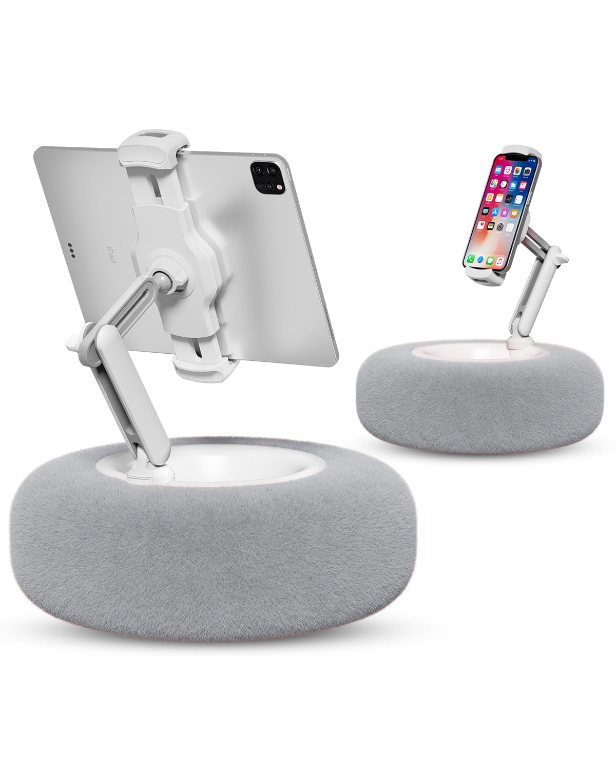 Viozon Tablet Stand Pillow, Compatible with 4.7"-13" Phone/Tablet, iPad, iPhone, Samsung, Google, Kindle, 360°Adjustable Phone Holder for Bed with Soft Plush Fabric, and Detachable Bowl, White
