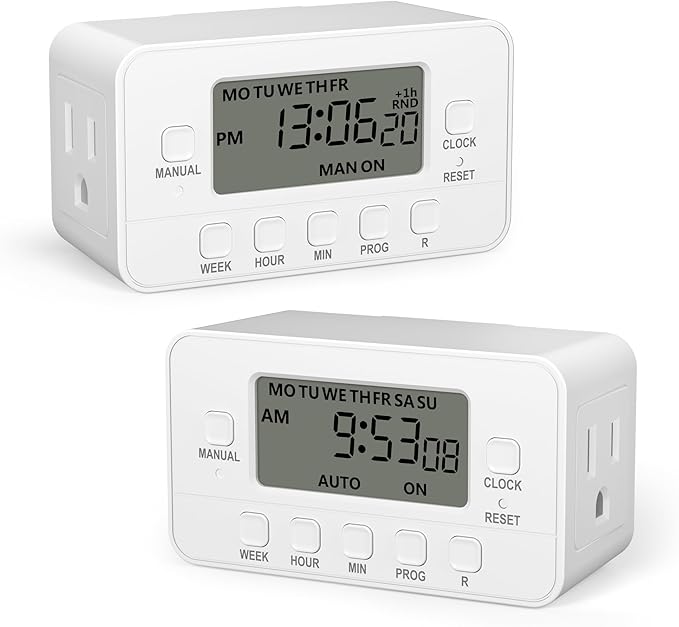 BN-LINK 7-Day Heavy Duty Digital Timer with Dual Outlet, LCD Display, 3-Prong Programmable Design, for Lights, Fans, Coffee Machine, Home, Office, Indoor Use, 125V 15A 1875W