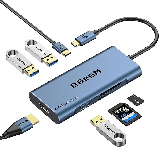 USB C Hub, QGeeM USB 4k to HDMI Adapter, 7 in 1 USB-C Dongle with 100W PD,USB 3.0, Card Reader, Compatible for MacBook iPhone 15/17 Ipad Pro max,Chromebook Laptop USB Type C Dock-Black