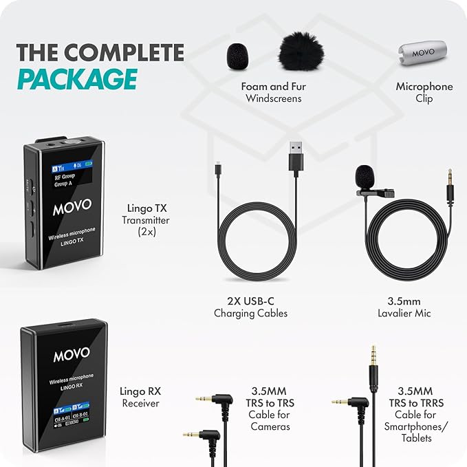 Movo Lingo-Duo 48-Channel UHF Wireless Lavalier Microphone System for Camera - Lav Mic Compatible with Canon, Nikon, and Sony DSLR Cameras - for Filmmaking, Vlogging, Interviews, Content Creation