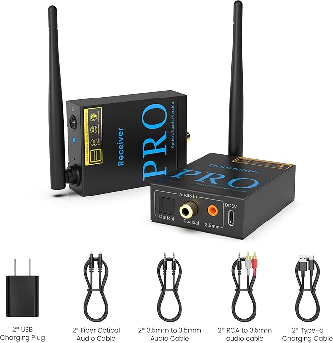 1Mii 2.4GHz Wireless Audio Transmitter and Receiver, HiFi Audio, 20ms Low Latency, 320ft Long Range Wireless Subwoofer Kit for Speaker/Stereo/Soundbar,Optical/Coaxial/3.5mm(RCA) Ports.