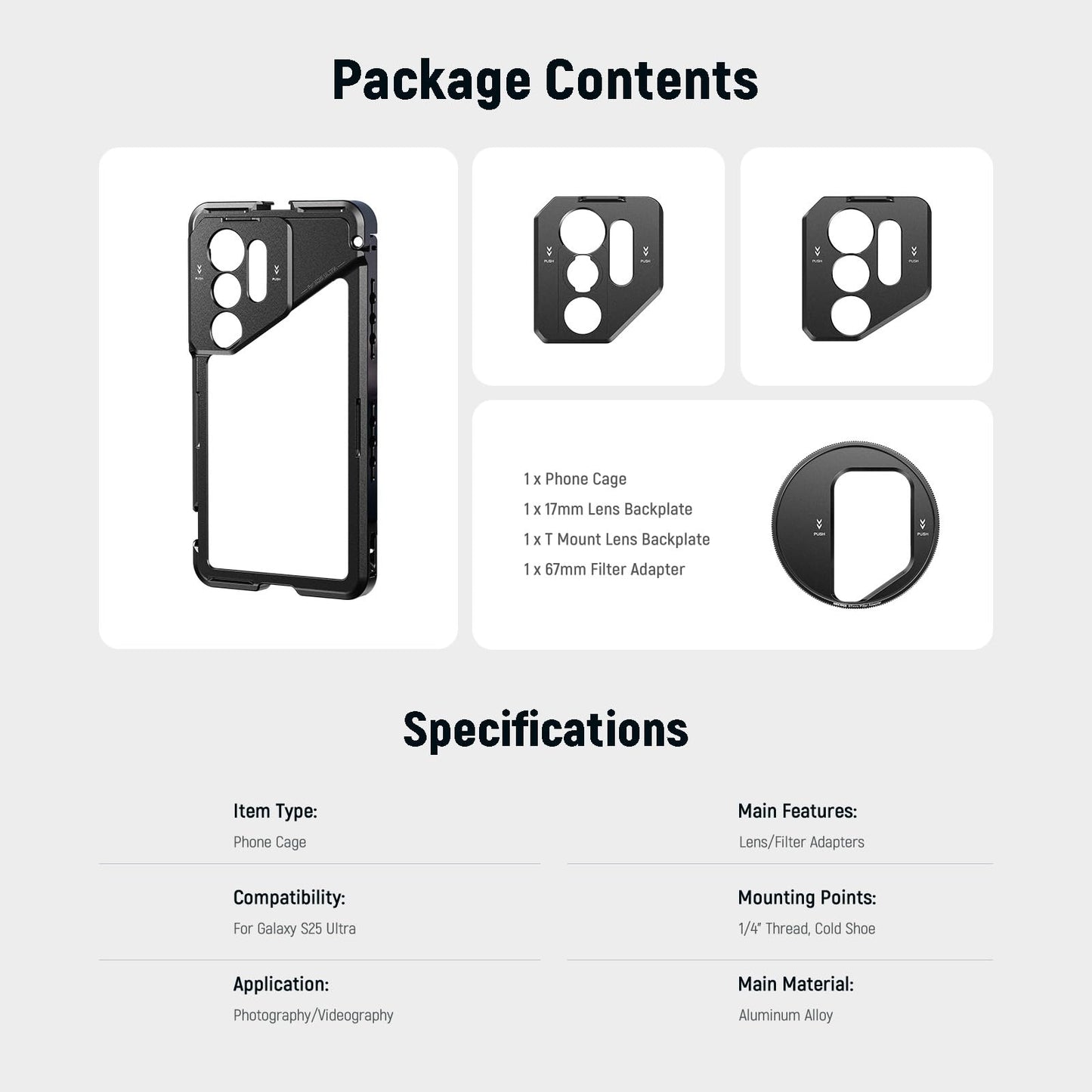 NEEWER S25 Ultra Phone Cage, Mobile Video Rig Phone Stabilizer with 67mm Filter Adapter, 17mm Lens Backplate, T Mount Lens Adapter, Compatible with Samsung Galaxy Moment T Series Lenses, PA082