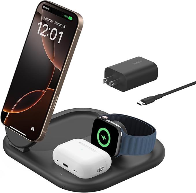 Belkin Qi2 Magnetic Wireless Charging Station, 3 in 1 Foldable Charger