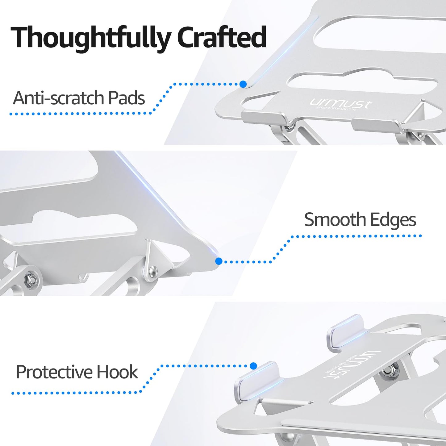 Urmust Adjustable Laptop Stand for Desk, 10-15.6“ Laptop Riser, Silver