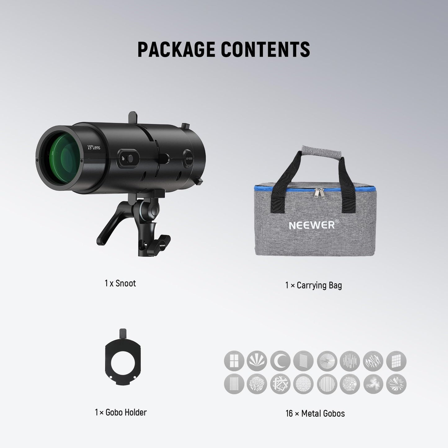 NEEWER LS-300 Spotlight Optical Snoot for 300W Bowens Mount LED Video Lights with 16x GOBO 19° Projection Lens 98% Light Transmittance Geometric Shaper for Creative Photography & Enhanced Illuminance