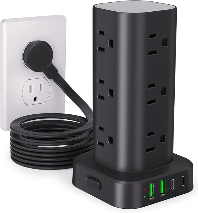 Power Strip Tower with Wireless Charger, Flat Plug Surge Protector Tower with 6FT Extension Cord, 12 AC Multiple Outlets, 4 USB (2 USB C),15W Wireless Charging Power Tower for Home Office Dorm