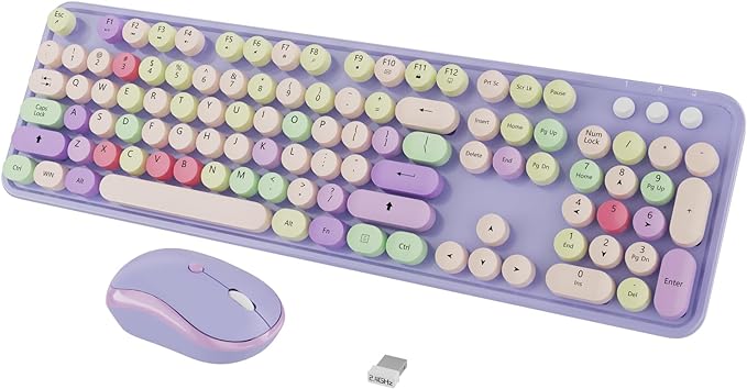 Wireless Keyboard Mouse Combo,104 Keys Cute Colorful Typewriter White