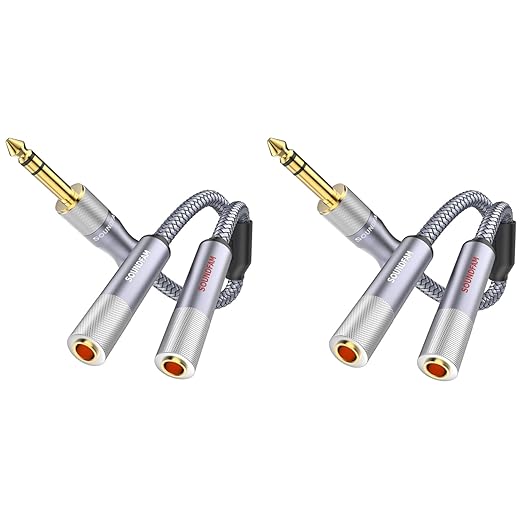 SOUNDFAM 1/4" Splitter Cable 2 Feet/60CM,Microphone Splitter 1 Female to 2 Male TRS 1/4 inch Splitter 6.35mm Stereo Female Plug to Dual 6.35mm Male-Grey