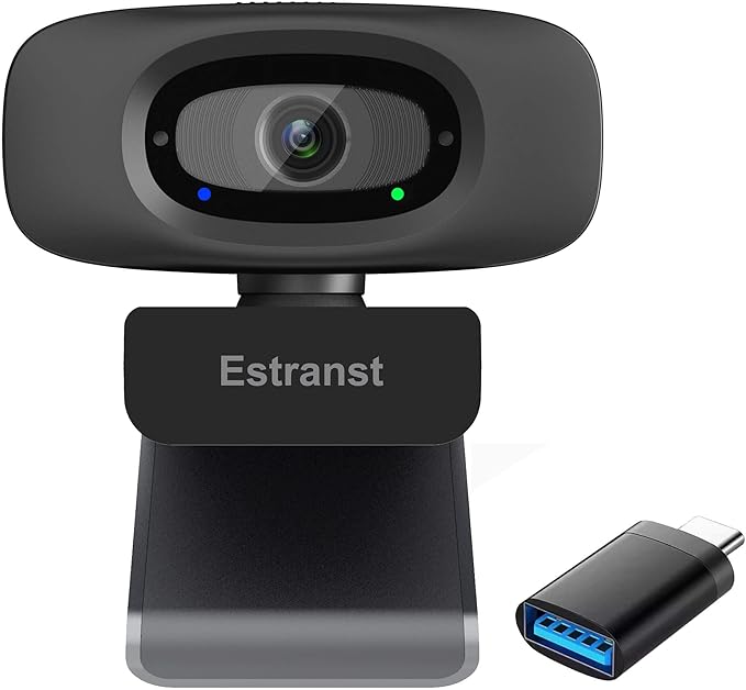 Estranst 2K Quad HD Webcam with Privacy Cover & Noise-Canceling Microphone & USB C Adapter, Video Web Streaming Camera for PC Computer Desktop Laptop Mac Zoom Teams &More