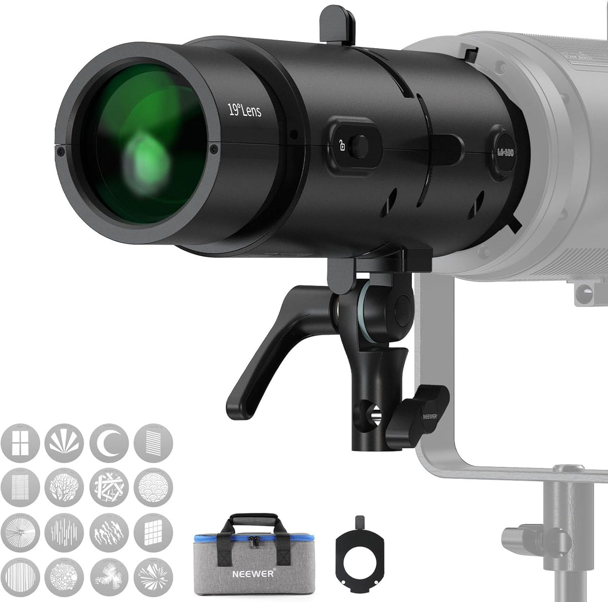 NEEWER Spotlight Snoot with 40° Projection Lens, Adjustable Focus, 16 Metal Gobos 5 Color Gels, Bag, Conical Snoot for Bowens Mount LED Continuous Output Lighting Studio Video Light Up to 300W, LS-38