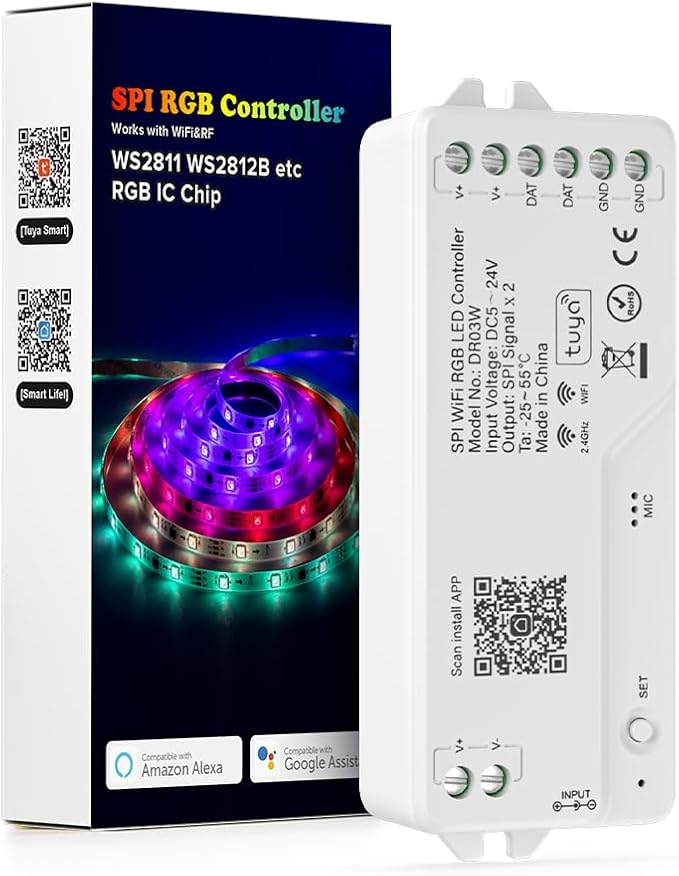 BTF-LIGHTING 2.4G WiFi DR04W SPI RGBW Controller Tuya APP/Smart Life/Google Home/Alexa Control Support SK6812RGBW SMD/FCOB WS2814 IC etc Addressable RGB+W LED Strip STA Mode
