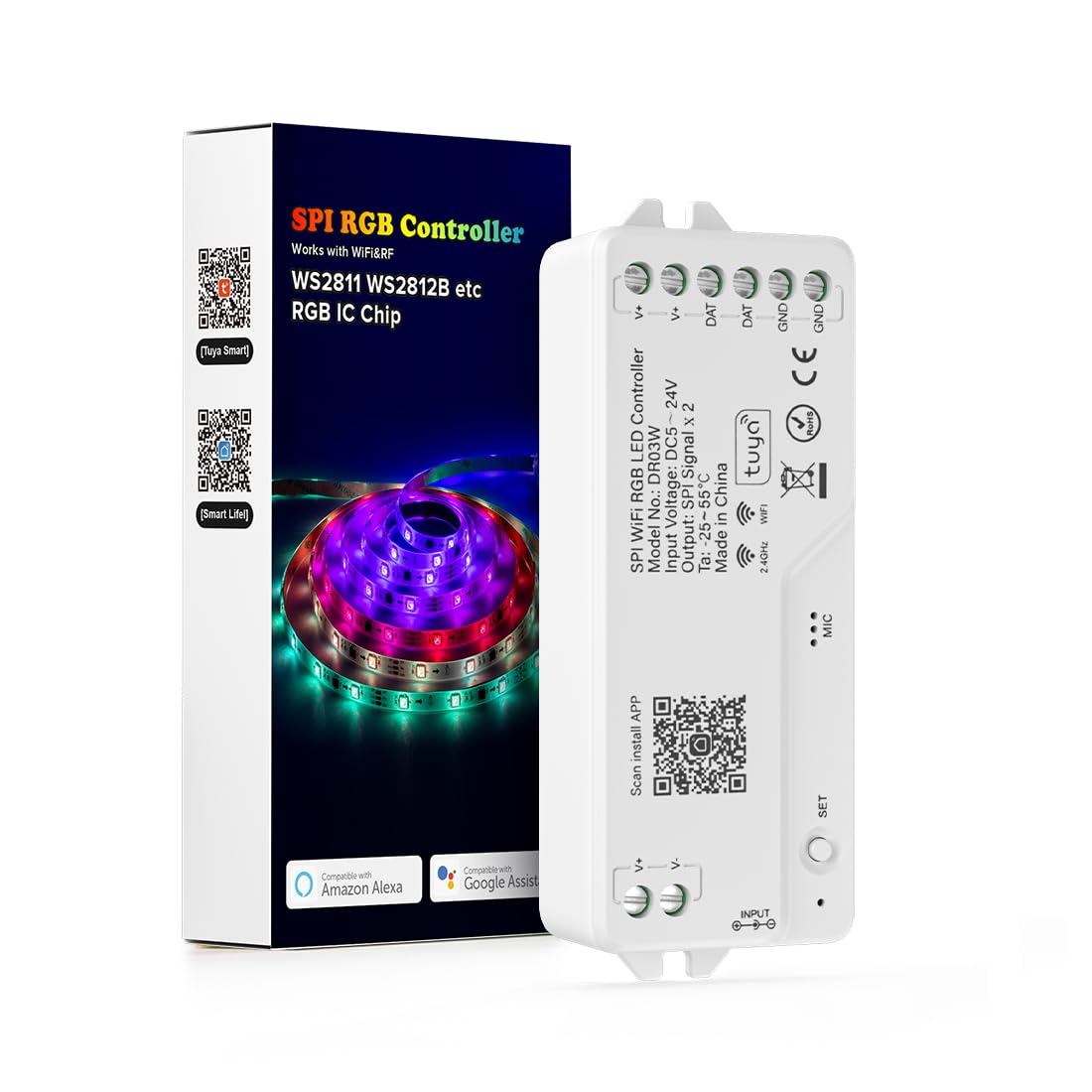 BTF-LIGHTING 2.4G WiFi DR04W SPI RGBW Controller RC03RF RF Remote Tuya APP/Smart Life/Google Home/Alexa Control Support SK6812RGBW SMD/FCOB WS2814 IC etc Addressable RGB+W LED Strip STA Mode