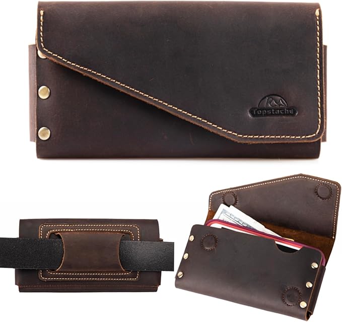 Topstache Leather Phone Holster for iPhone 17/16/15 Pro Max, Galaxy S25/S24 Ultra - Belt Loop Cell Phone Case - Leather Card Holder Wallet Belt Pouch - Fit Protective Case on, XL