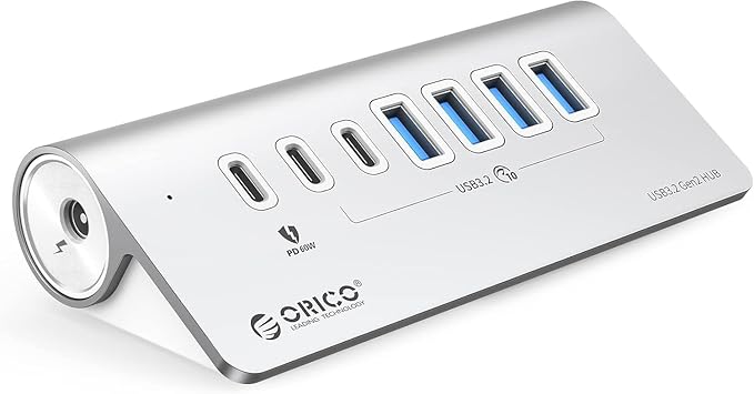 ORICO 7-Port USB 3.2 Gen2 Hub, Powered USB 3.2 Hub with 4 USB-A, 2 USB-C, PD 60W, 72W Power Adapter, 10Gbps Aluminium USB-Splitter with 1.64Ft USB-C to USB-A/C Cable for iMac, MacBooks, Mac mini