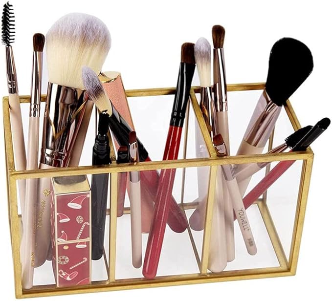 NIUBEE Acrylic Pen Holder 3 Compartments, Clear Pencil Organizer Cup for Countertop Desk Accessory Storage