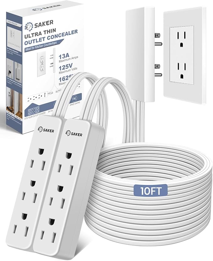 Saker Dual 10ft Flat Extension Cord Outlet Cover, 3 Outlets, White