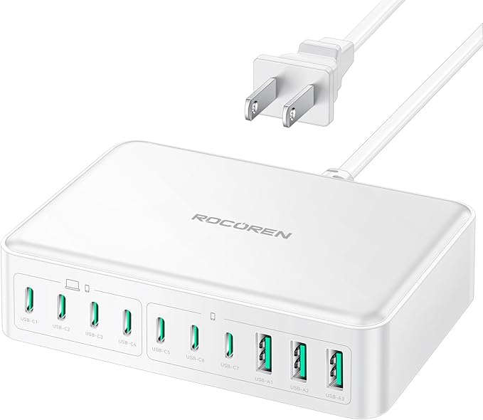 Rocoren 480W GaN 10‑Port Charging Station, PD 100W Fast USB‑C Charger Hub
