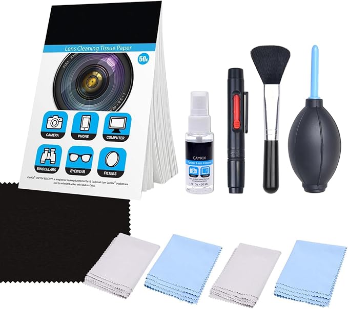 Camkix 14-in-1 Camera Lens Cleaning Kit - Includes Advanced Large Silicone Air Blower, 2in1 Lens Cleaning Pen, Dry Swabs, Cleaning Paper, 30 ML Optical Lens Spray for Mirrorless Cameras, APS-C, DSLR