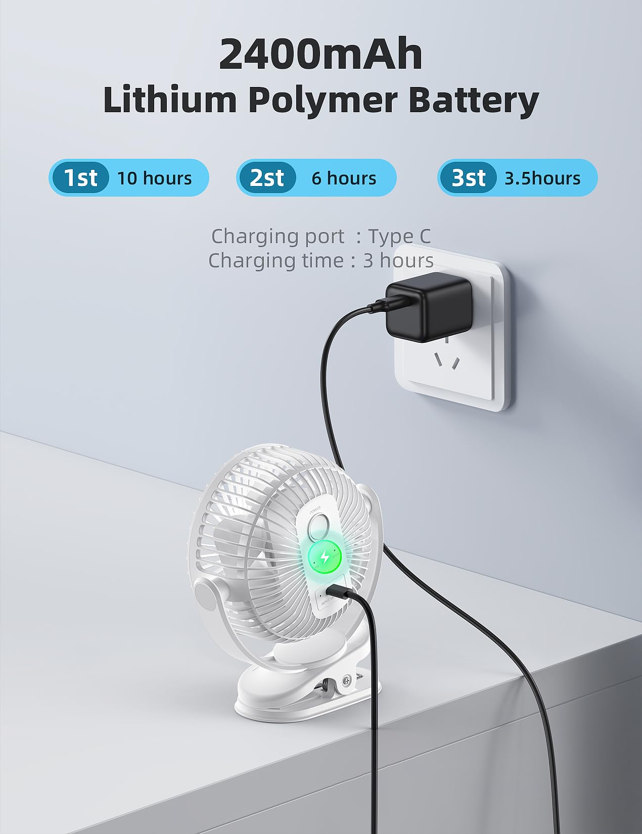 Svinkal usb Personal Clip on Fan 2400mAh Battery Operated 6in, Type C, 3 Speed, 720 adjustment, Small Portable Fan for Table, Bedroom, Desk, dormitory, Camping, Stroller, Golf Cart