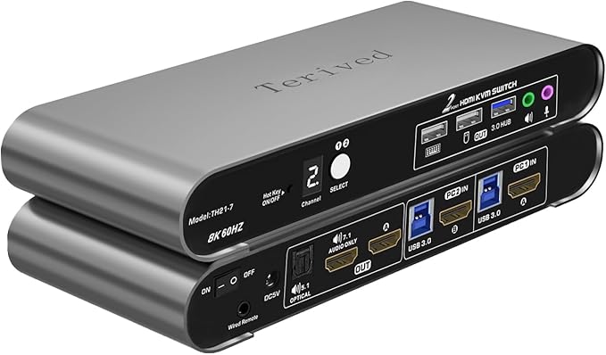 Terived 2 Computers 2 HDMI Monitor Automatic KVM Switch 8K@60Hz, Hotkey Switching, EDID, Support 5.1/7.1 Audio and Microphone, Aluminum Shell with Digital Display, USB 3.0 Hub, HDR10 with Cables