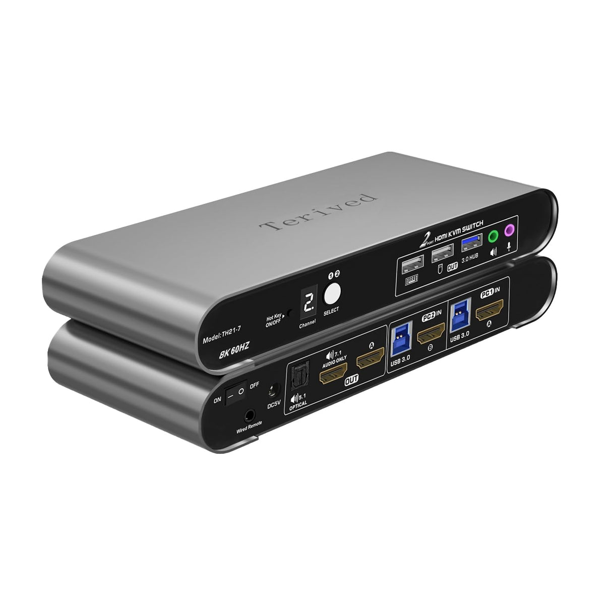 Terived 2 Computers 2 HDMI Monitor Automatic KVM Switch 8K@60Hz, Hotkey Switching, EDID, Support 5.1/7.1 Audio and Microphone, Aluminum Shell with Digital Display, USB 3.0 Hub, HDR10 with Cables