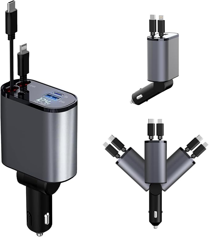 Retractable Car Charger, 66W 4 in 1 Super Fast Charging Car Phone Charger with 2 Retractable 31.5 Inch Cables and 2 USB Ports for iPhone 15/14/13/12/11, Galaxy, Pixel(S)
