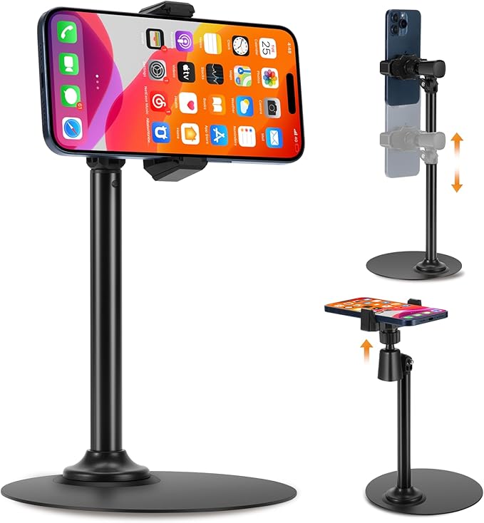 Xiaoshuang Phone Stand for Recording Videos, Adjustable Phone Holder for Desk, 16cm Diameter Metal Base, 360° Rotating Overhead Mount for Live Streaming, TikTok, YouTube, Height Adjustable to 35cm